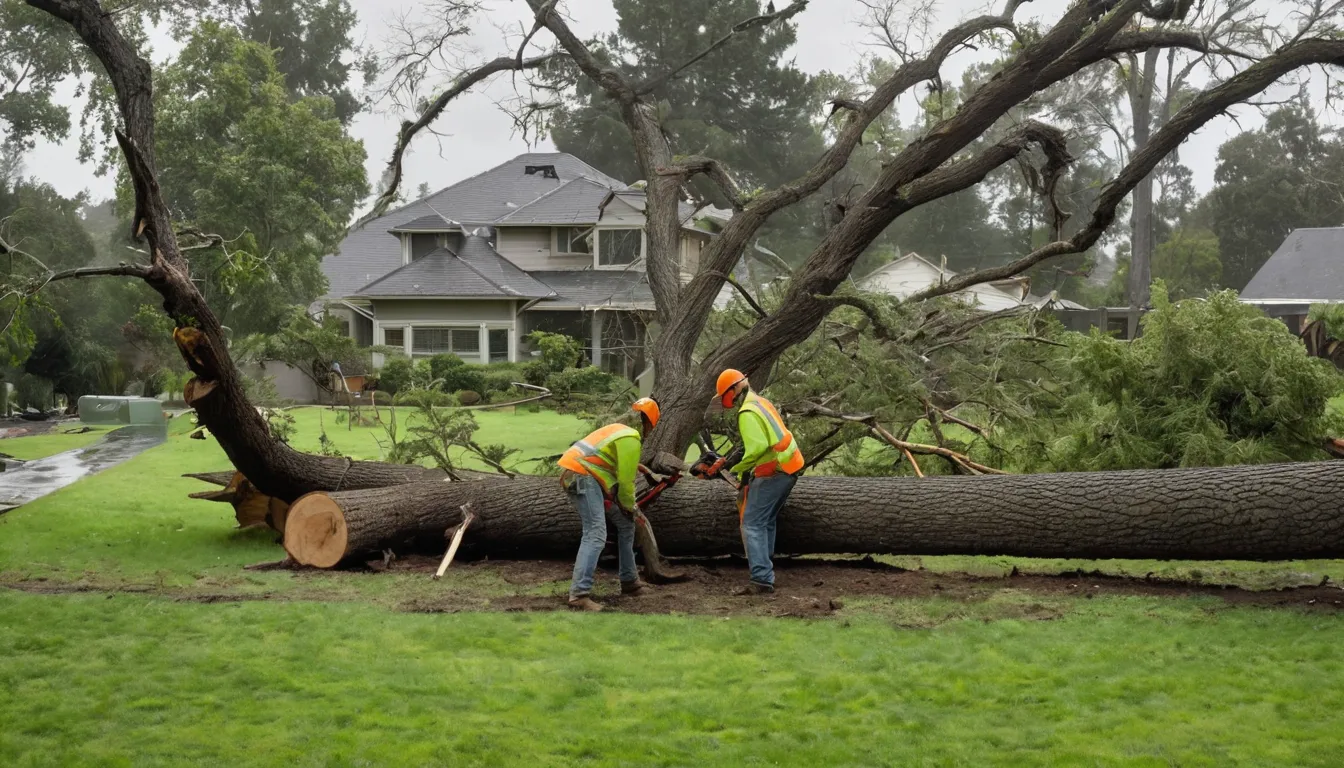 Local tree removal provider clearing a storm-fallen tree from a backyard near a home in the Kansas City area