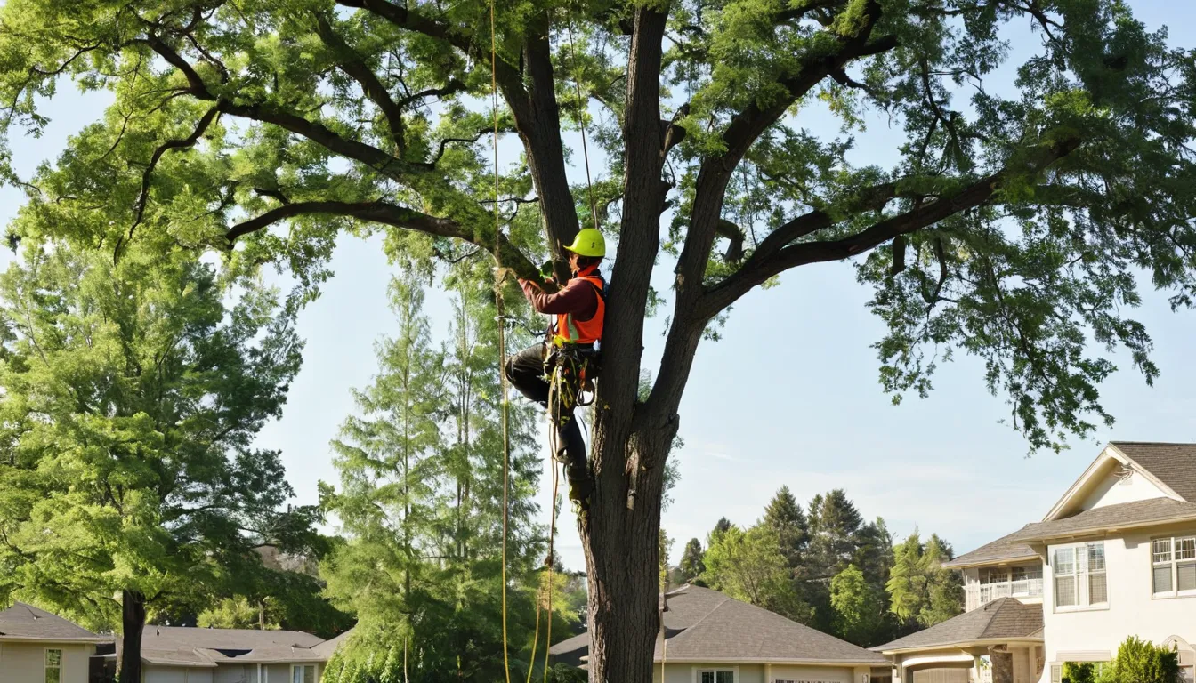 A tree removal provider working on a large tree in a Kansas City backyard