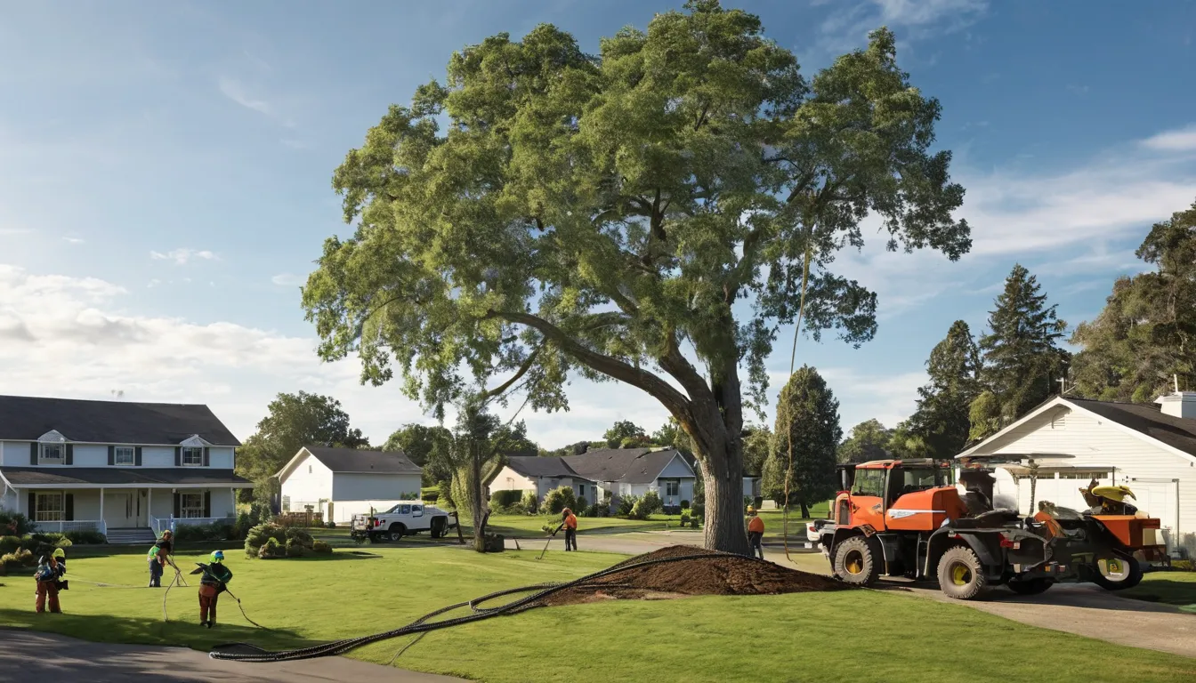 Local tree removal provider cutting down a large tree safely behind a ranch home in the Kansas City area